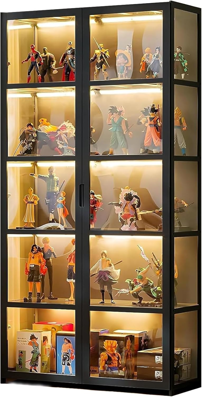 Curio Display Cabinet, 5 Tier Storage Shelves with Acrylic Glass Door, Transparent Bamboo Display Case for Figures, Display Shelves for Collectibles & Kids Bookcase for Home (Black Double Door) iusyugh
