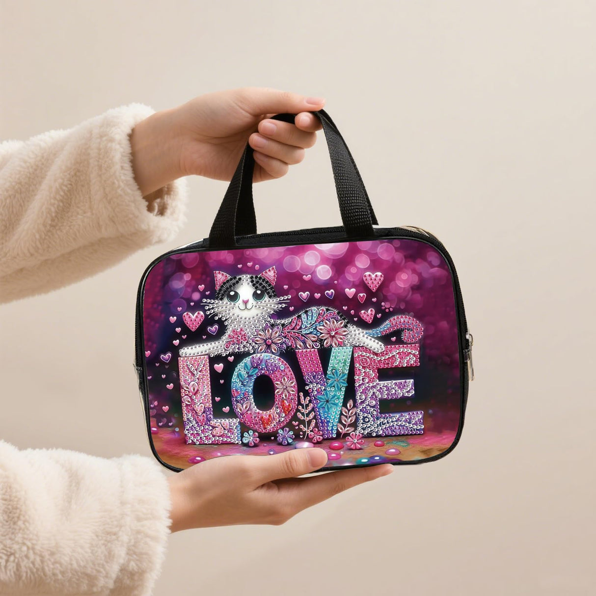 DIY diamond painting makeup bag kit, cat pattern sequined makeup storage bag with zipper, portable travel toiletries bag, as a handmade creative gift Tontut