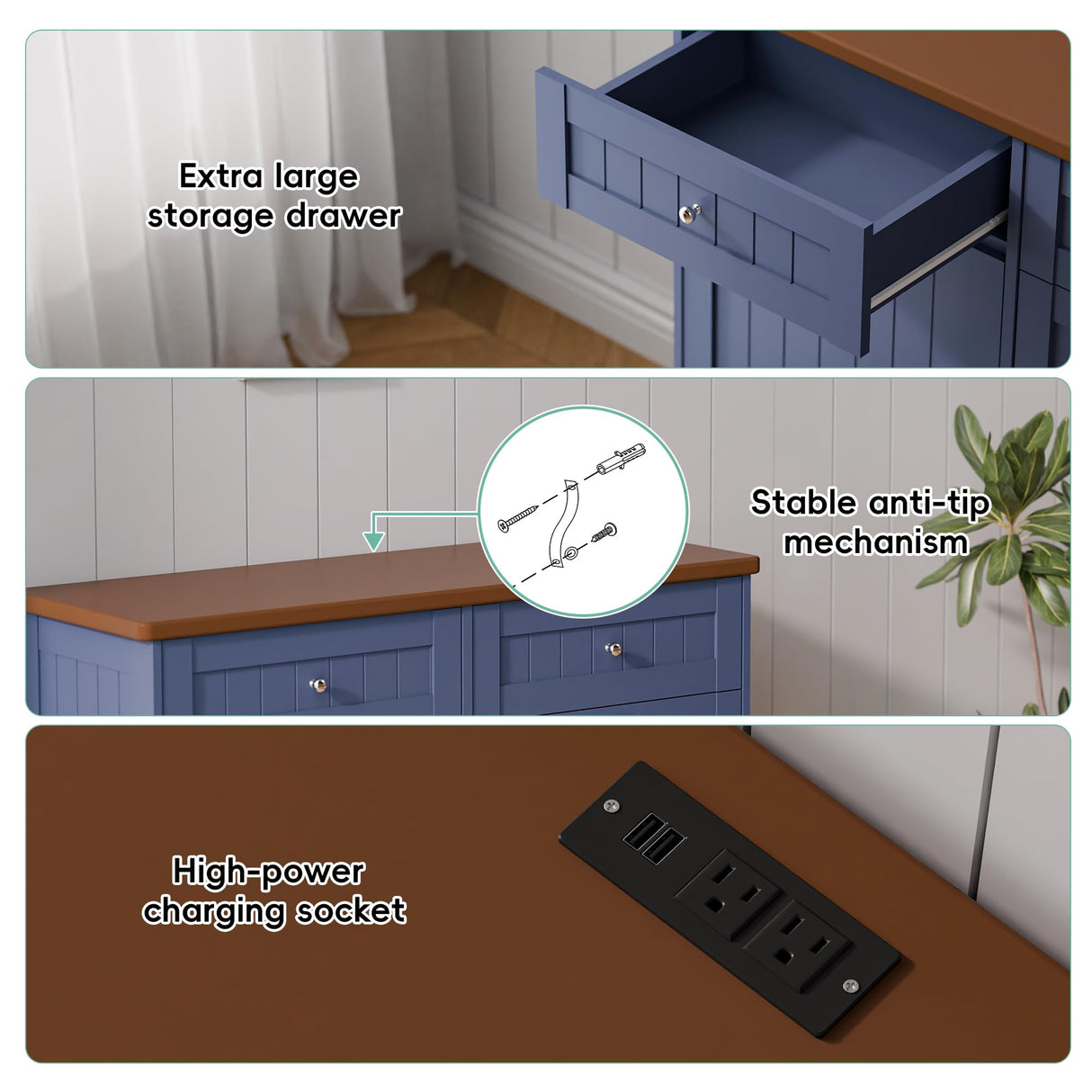 Betterhood Double Tilt Out Trash Cabinet with Power Outlet, 10 Gallon Trash Cabinet with Storage,Pet Proof Trash Can with 2 AC & USB Sockets for Kitchen,Living Room (Blue) Betterhood