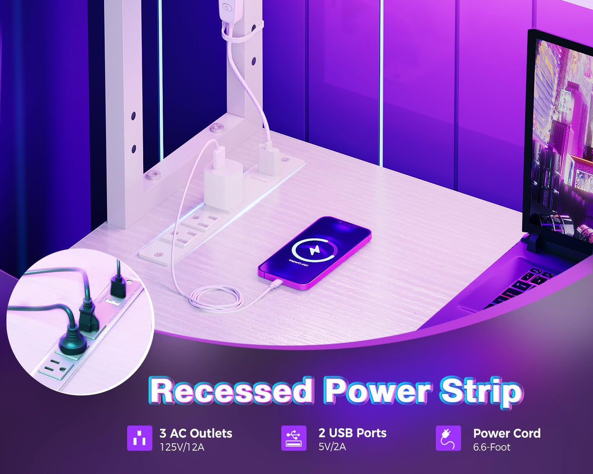 AODK L Shaped Desk Gaming Desk with LED Light & Power Outlet, 53 Inch Reversible L Shaped Computer Desk with Shelf, Corner Desk with Storage Bag&Hook for Home Office Desk, White AODK