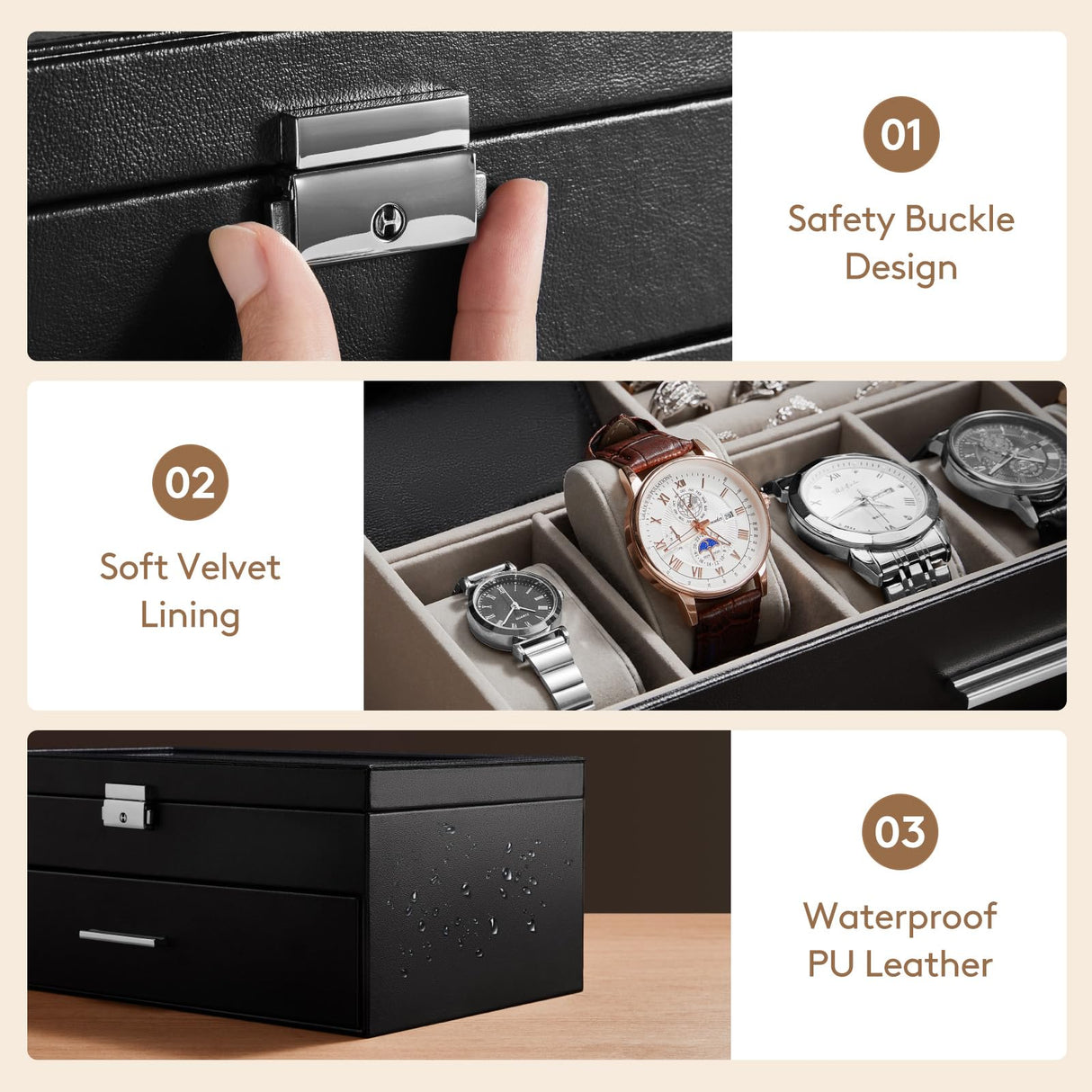 Lifewit 2- layer Sunglasses Organizer with Glass Lid, 6 Slots eyeswear Holder, 6 Slots Watch box, Spaces for Rings, Brooch, Tie Clip, Multiple Eyeglasses Display Case for Men, Gift Idea, Inky Black Lifewit