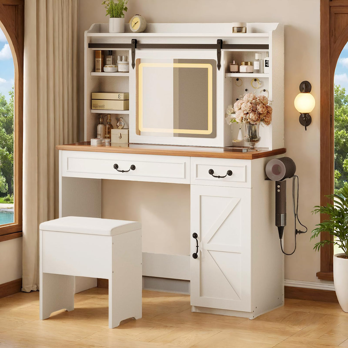 IRONCK Farmhouse Makeup Vanity Desk with Sliding Mirror and Lights,41" W Vanity Desk with Glass Tabletop&Charging Station &Drawers, Rustic Big Vanity Set for Bedroom, Stool Included, White/Walnut IRONCK