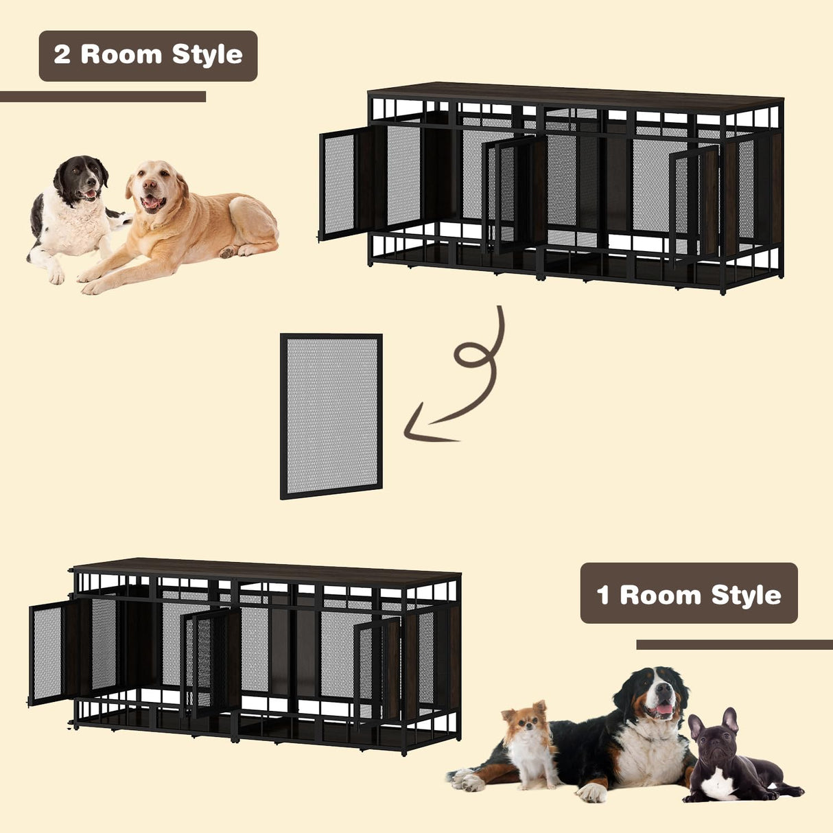 PIAOMTIEE 70.9" Large Double Dog Crate Furniture, Heavy Duty Wooden Iron Crate Kennel Furniture with Removable Divider for Small Medium Large Dogs, Rustic Brown+Black PIAOMTIEE