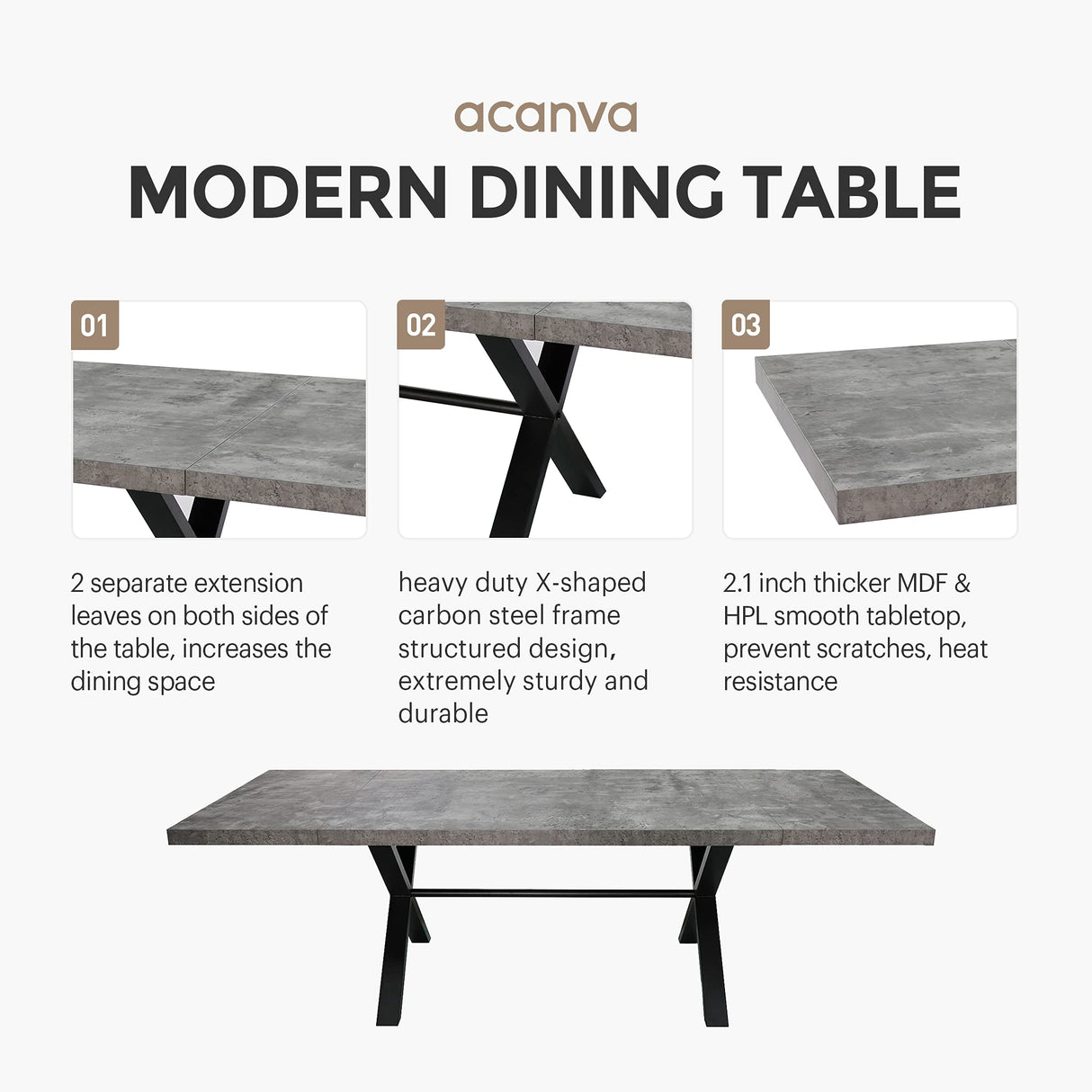 Acanva Expandable Dining Table for 6-8 Seat, Modern Rectangle Design with Extension Leaf for Kitchen Restaurant, Thicker Top and Carbon Steel Pedestal, 74.9''(+40)Wx37''Dx30''H, Dark Grey Acanva