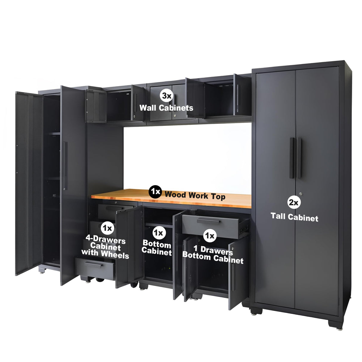 Torin APK112B Garage Storage System: Heavy-Duty 9-Piece Cabinet Set with Worktop, Adjustable Shelves, and Secure Lockable Doors, Black/Grey Torin