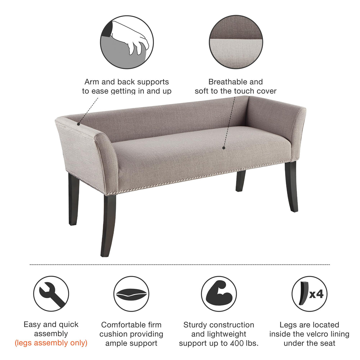 Madison Park Accent Bench, Upholstered with Nailhead Trim, & Padded Seat Entryway Bench Small, End of Bed Bench with Back, 49.5" W x 19.25" D x 23" H, Grey Madison Park