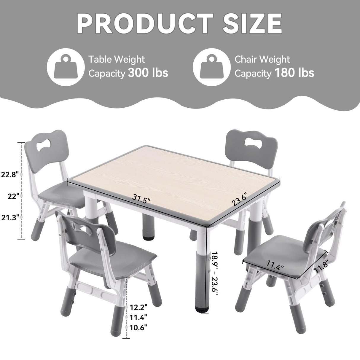 GITAWUSA Kids Study Table and Chairs Set, Height Adjustable Toddler Table and Chair Set for Kids Ages 3-8, 31.5" L x 23.6" W Graffiti Desktop Plastic Children Art Table with 4 Seats, Grey GITAWUSA