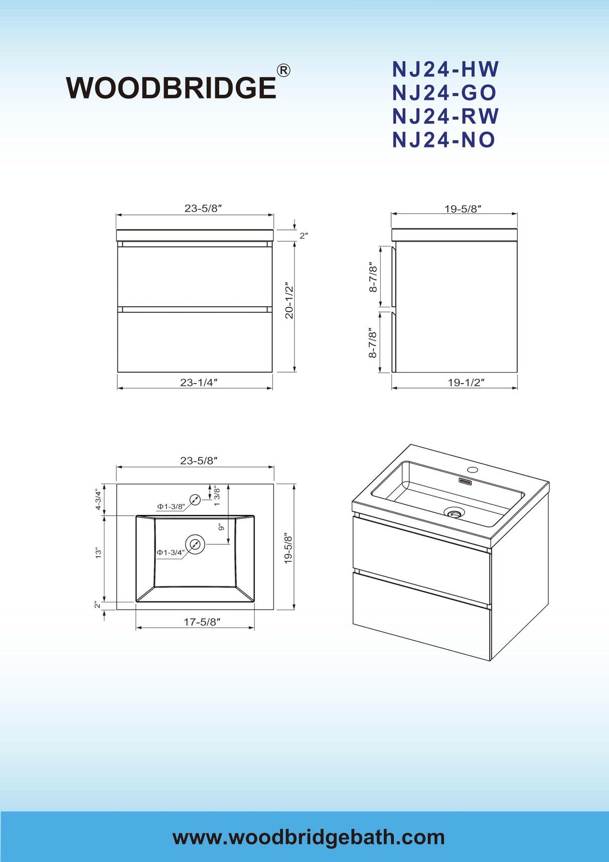 WOODBRIDGE 23-5/8 in. W x 19-5/8 in. D Wall Mounted Floating Vanity in Glossy White with Resin Composite Vanity Top in Glossy White WOODBRIDGE