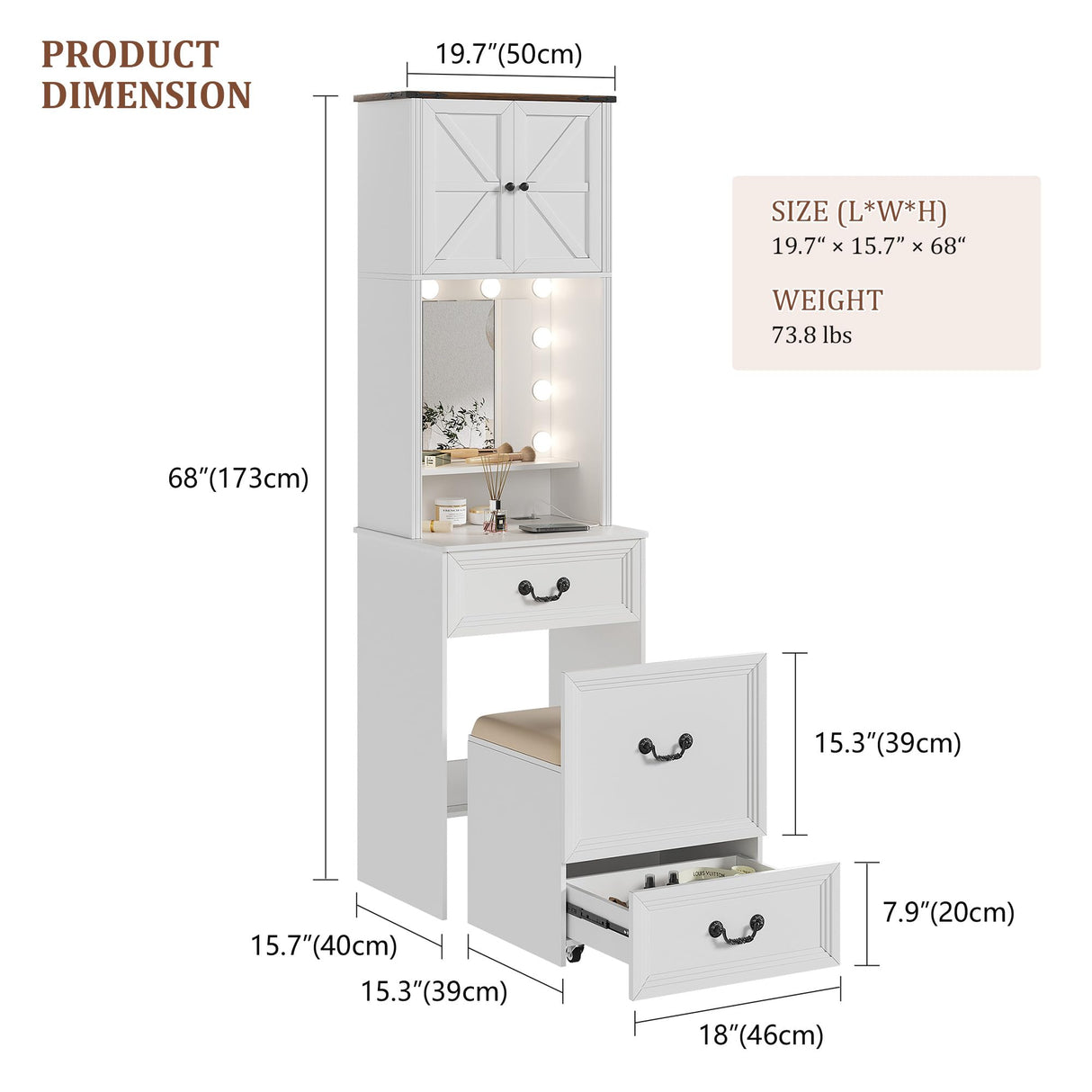 Compact Vanity with Mirror and Lights, Makeup Vanity Desk w/Storage Drawers & Shelves, Farmhouse Vanity Table with Hidden Chair for Bedroom, Dressing Table Gift for Girls Lady TAGELIER