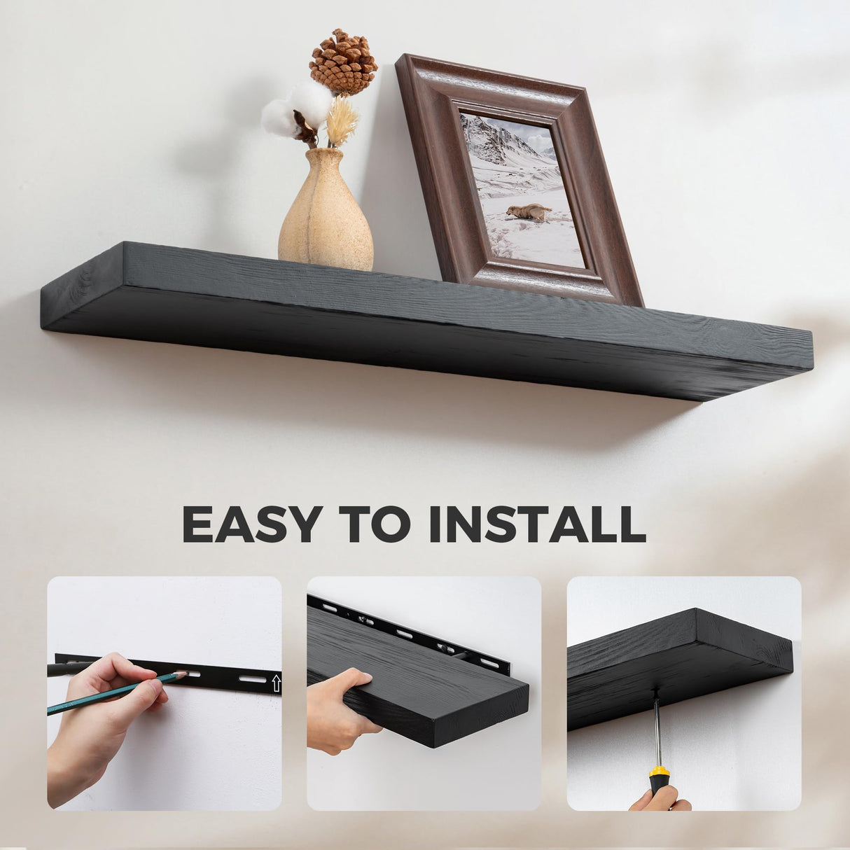 Fun Memories Handcrafted European Pine Floating Shelves - Natural Rustic Wooden Wall Shelf Set of 2-24 Inch Storage Shelf Display Shelf for Kitchen Bathroom Living Room Bedroom Farmhouse - Black Fun Memories