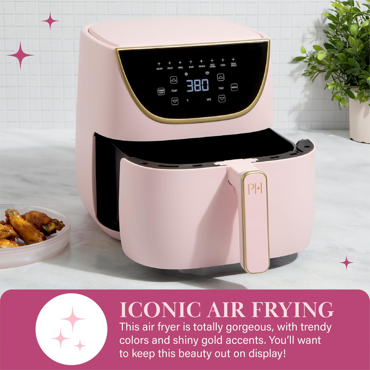 Paris Hilton Air Fryer, Large 6-Quart Capacity, Nonstick Made without PFAS, Touchscreen Display, 8-in-1 (Air Fry, Roast, Broil, Bake, Reheat, Keep Warm, Pizza, Dehydrate), Dishwasher Safe, Pink Paris Hilton
