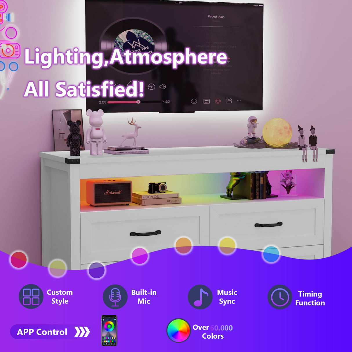 METOTI White Dresser for Bedroom with LED Lights, Farmhouse 4 Drawers Dresser with Open Shelf, Rustic Wood Chest of Storage Organizer Drawers for Living Room, Hallway METOTI