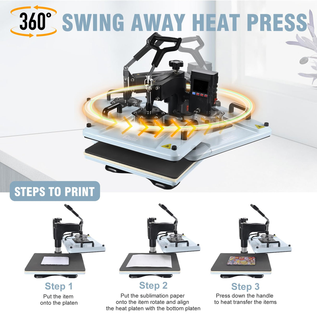 PlanetFlame Heat Press Machine 12x15 Inch, 360° Swing Away 5 in 1 Heat Transfer Machine, Multifunctional Heat Transfer Press Machine with 30OZ Tumbler Attachment for Hat/Plate/T-Shirt/Mug, Blue PlanetFlame