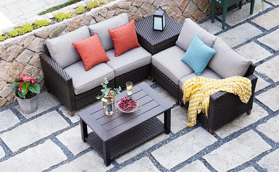 Grand patio Outdoor Coffee Table with Wicker Shelf Storage, 40-inch Rectangle Modern Patio Coffee Table with Faux Wood Tabletop, Fits with Outdoor Conversation Set Grand patio