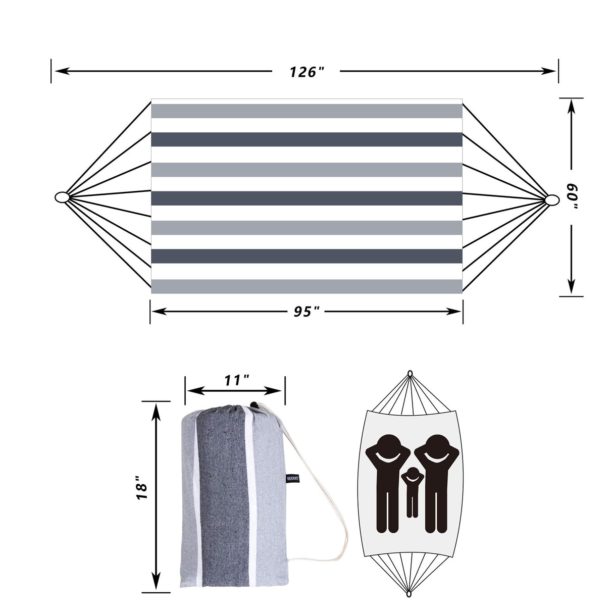ROOITY Double Hammock Brazilian Hammocks with Portable Carrying Bag,Soft Woven Fabric, Up to 450 Lbs Hanging for Patio,Trees,Garden,Backyard,Porch,Outdoor and Indoor XXX-Large Grey&White Stripe ROOITY