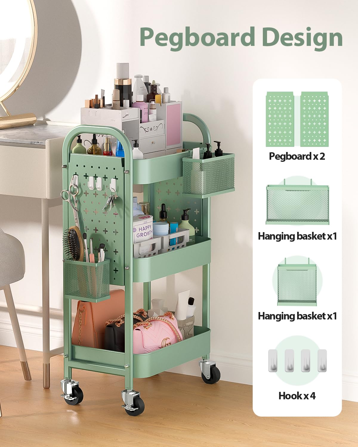 ALVOROG 3 Tier Rolling Cart with DIY Pegboards Metal Utility Cart with Wheels Handles Baskets Hooks, Storage Cart for Office Kitchen Bathroom(Green) ALVOROG