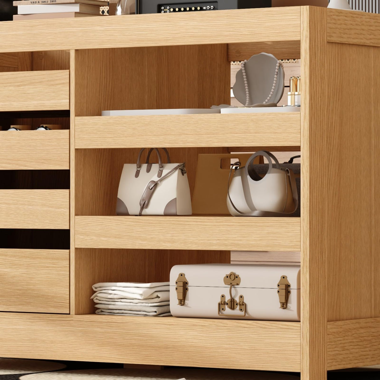 FAMAPY Walk in Closet Island with 4 Drawers, Bedroom Armoire Island with Glass Top, Glass Wardrobe Closet with Drawers & Shelves, Display Case for Dressing Room Cloakroom Oak, 27.6”D x 55.1”W x 35.4”H FAMAPY