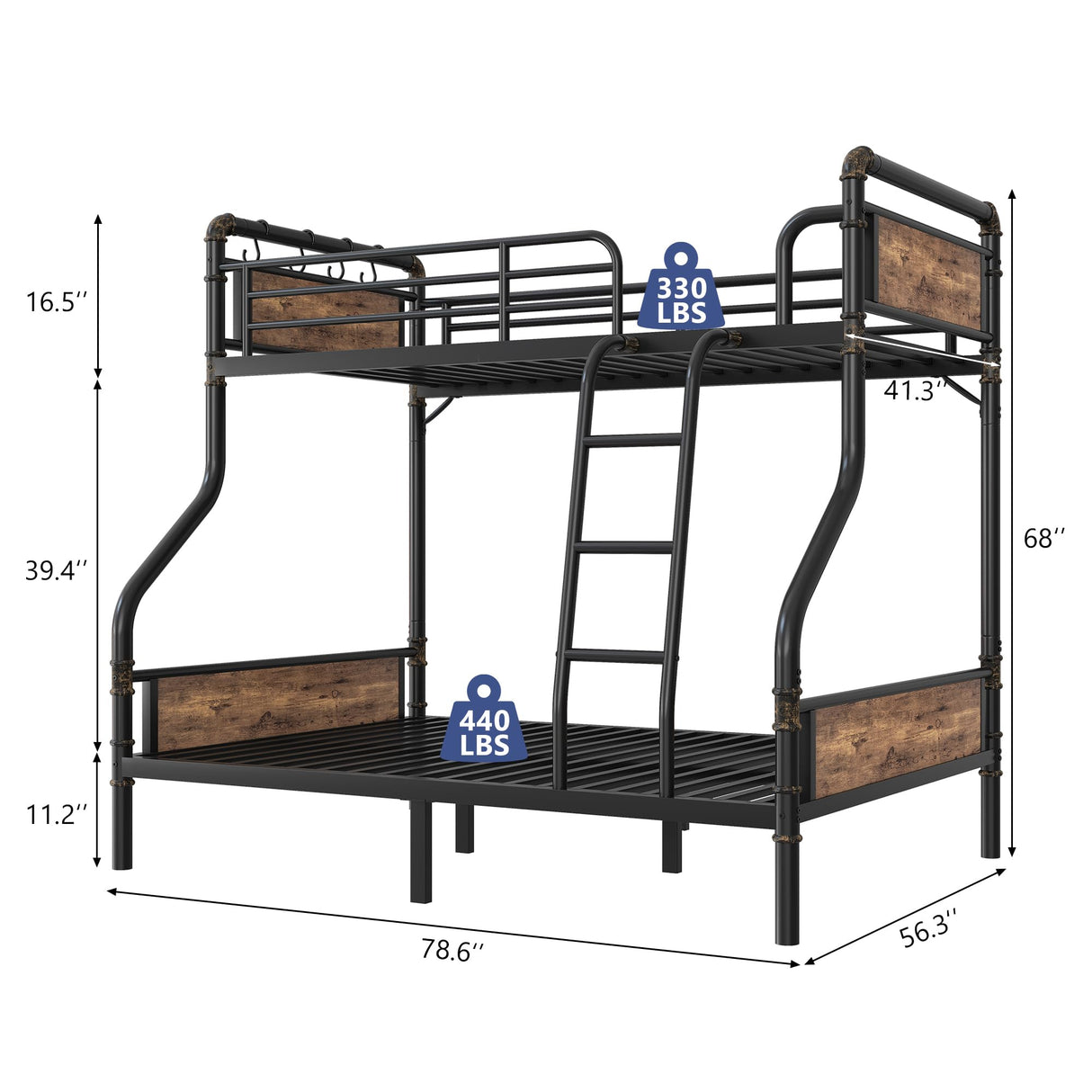 Bunk Bed Twin Over Full, Heavy Duty Metal Bunkbeds with Ladder and Full-Length Guardrail, Convertible into 2 Individual Beds for Kids, Teens and Adults, Under-Bed Storage Space, Vintage Brown Jocoevol