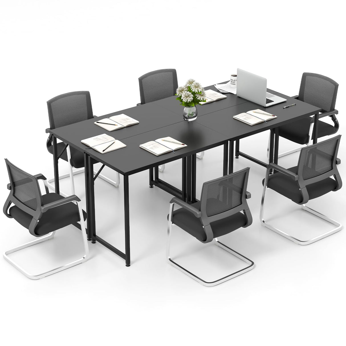 Giantex 13 FT Small Conference Table, 4PCS 40" x 19.5" Rectangular Meeting Table with Heavy-duty Metal Frame, Modern Simple Office Computer Desk, Space Saving Design Desk for 6 People, Black Giantex