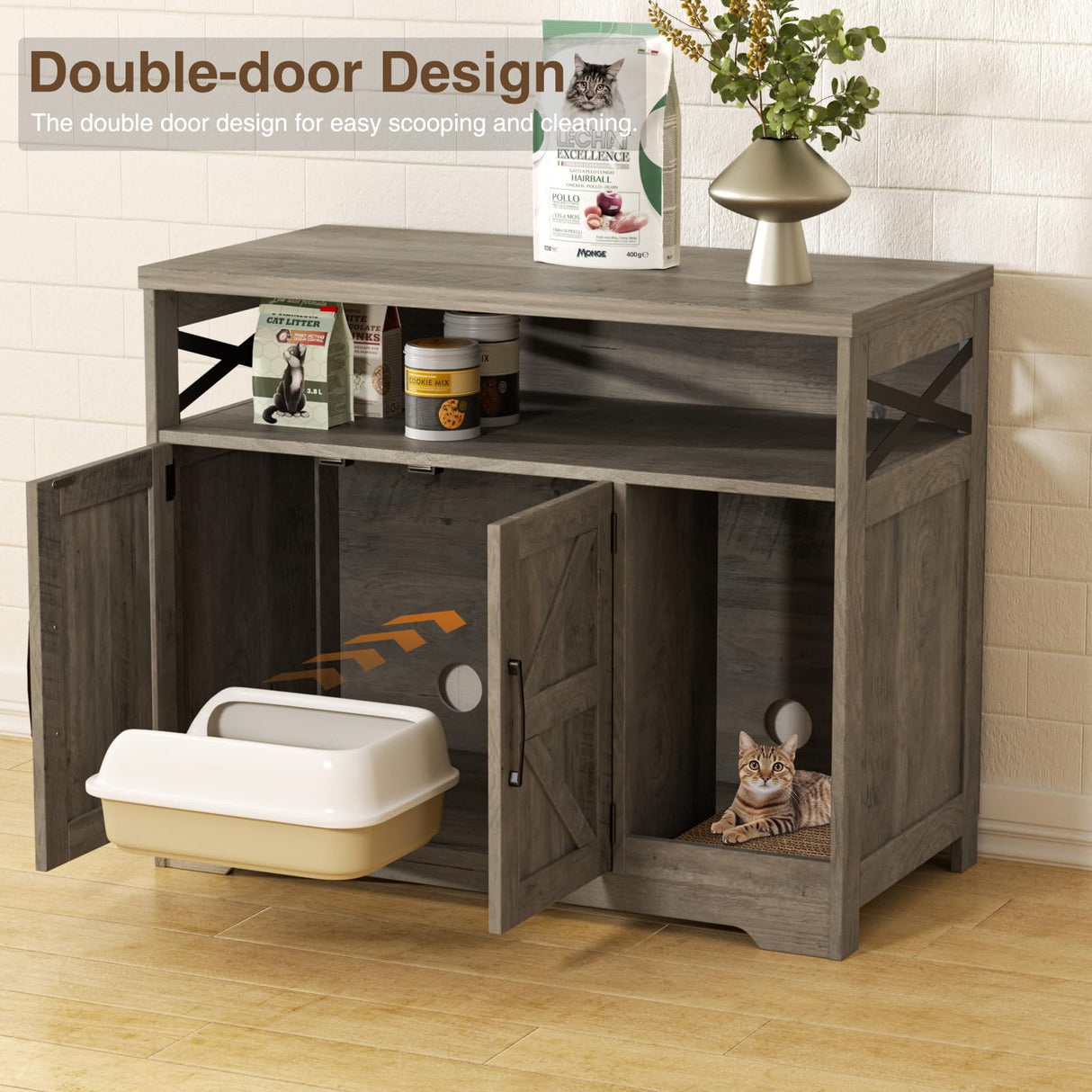 Halitaa Cat Litter Box Enclosure,Hidden Litter Box Furniture Cat Washroom with Cat Scratch Pad,Farmhouse Indoor Cat House End Table,Grey Halitaa