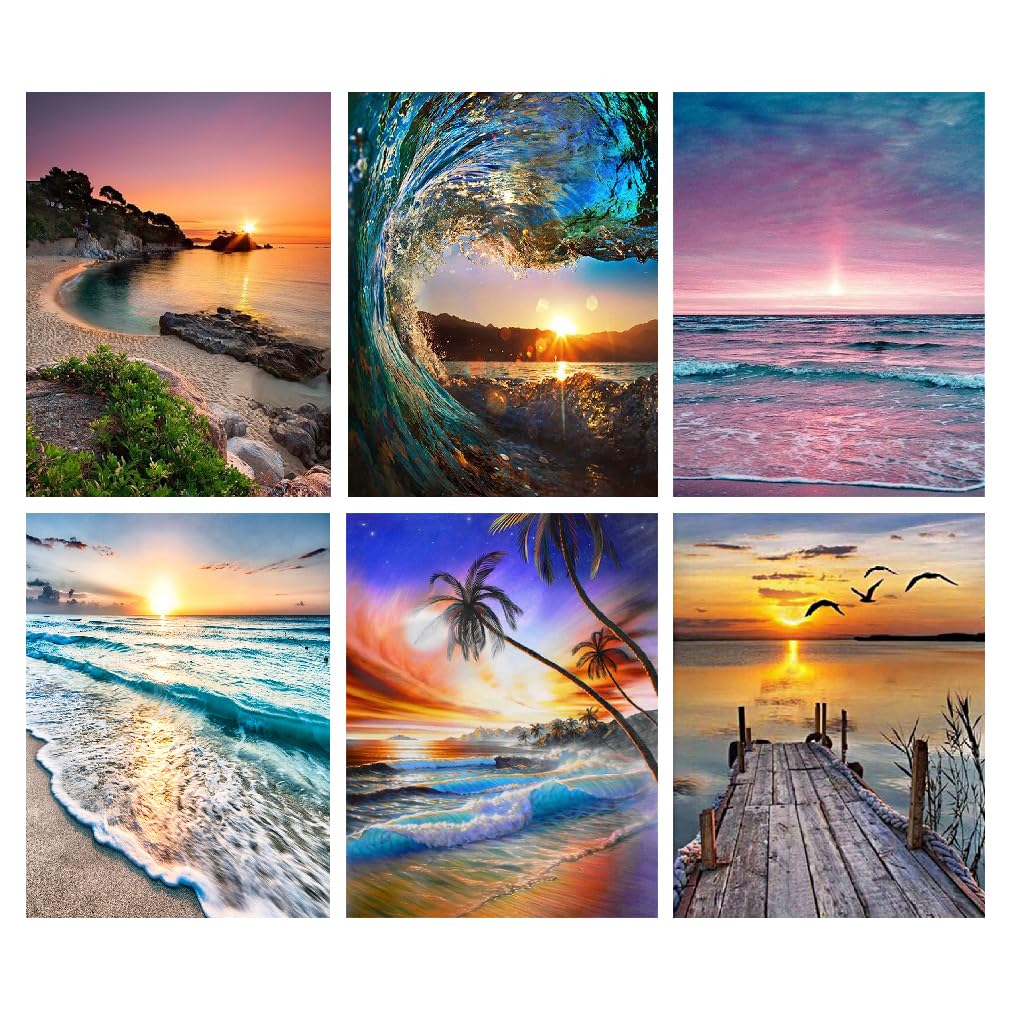 6 Pack Diamond Art Kits for Adults,DIY Beach Diamond Painting Kits Round Diamond Dots for Adults,5D Full Drill Painting Kit Art and Crafts for Adult Home Wall Decor 12 X 16inch CEUHROG