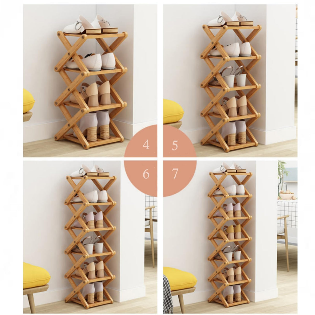 XZXWZX Shoe Rack, Bamboo Foldable Shoes Organizer Free Standing Shelf for Entryway, Closet, Bedroom, Hallway, | Natural | Functional | Multifunctional Shoe Rack (Wood Color) 7 Layers XZXWZX