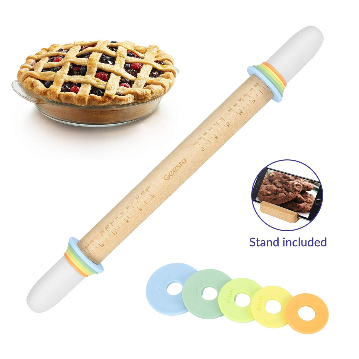 Geesta Adjustable Wood Rolling Pin with 5 Thickness Rings, Precise Dough Roller Handle Press Design with Measurement Guide for Baking Fondant, Pie Crust, Cookie, Pastry - Baking Essential Geesta