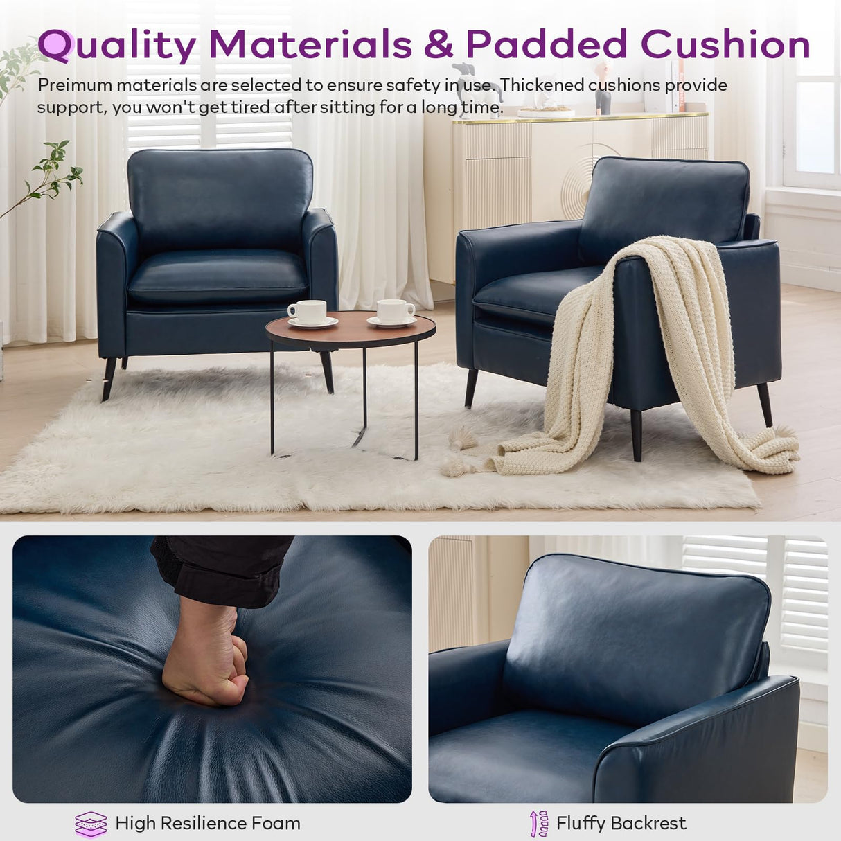 TYBOATLE Accent Chairs Set of 2, Faux Leather Chairs, Mid Century Modern Comfy Living Room Chairs, Cozy Office Reading Chair, Reception Armchairs for Office, Bedroom, Waiting Room (Blue) (1) TYBOATLE