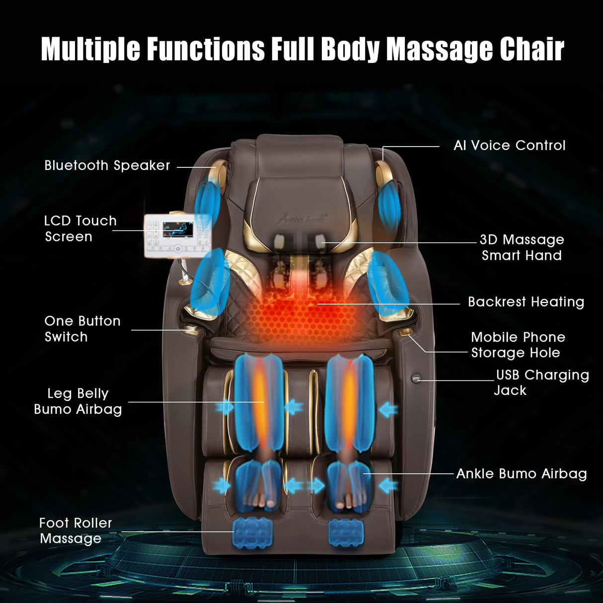 Artist hand Massage Chair Full Body, Zero Gravity Massage Chair SL-Track Shiatsu Massage Recliner Chair with 12 Modes, Bluetooth Speakers, Body Scan, Heating, Foot Roller, AI Control, Airbags, Brown Artist hand