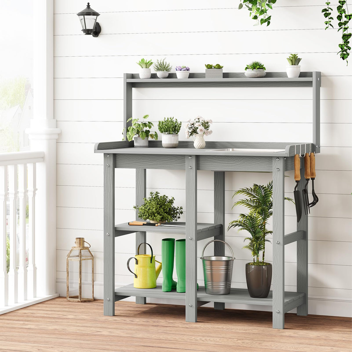 ONBRILL Potting Bench, Outdoor Potting Bench Table with Removable Sink, HDPS Potting Benches for Outside, Garden Table with Storage Shelves & 4 Side Hooks, No Rot, No Fade, No Break, 360lbs Capacity ONBRILL