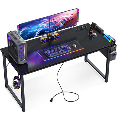 KKL Large Computer Desk with Power Outlets and USB Port Desk for Home Office Gaming Simple Modern Style Writing Desks with Storage Bag Headphone Hook, 55 inch, Black