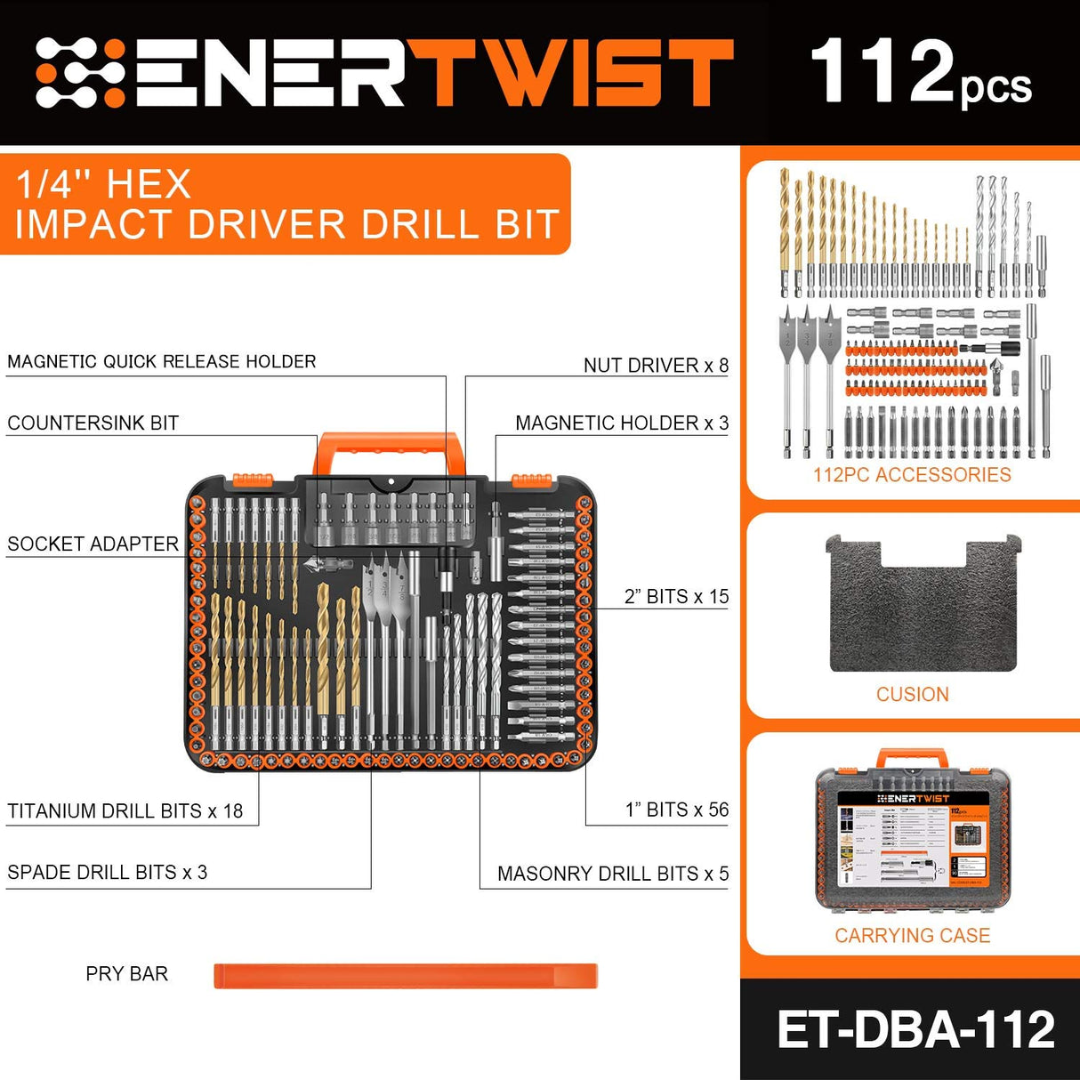 ENERTWIST Drill Bit Set, 112-Pieces 1/4" Hex Shank Impact Driver Bits and Screwdriver Bits Set Assorted in Tough Case for Wood Metal Cement Drilling and Screw Driving, ET-DBA-112 ENERTWIST