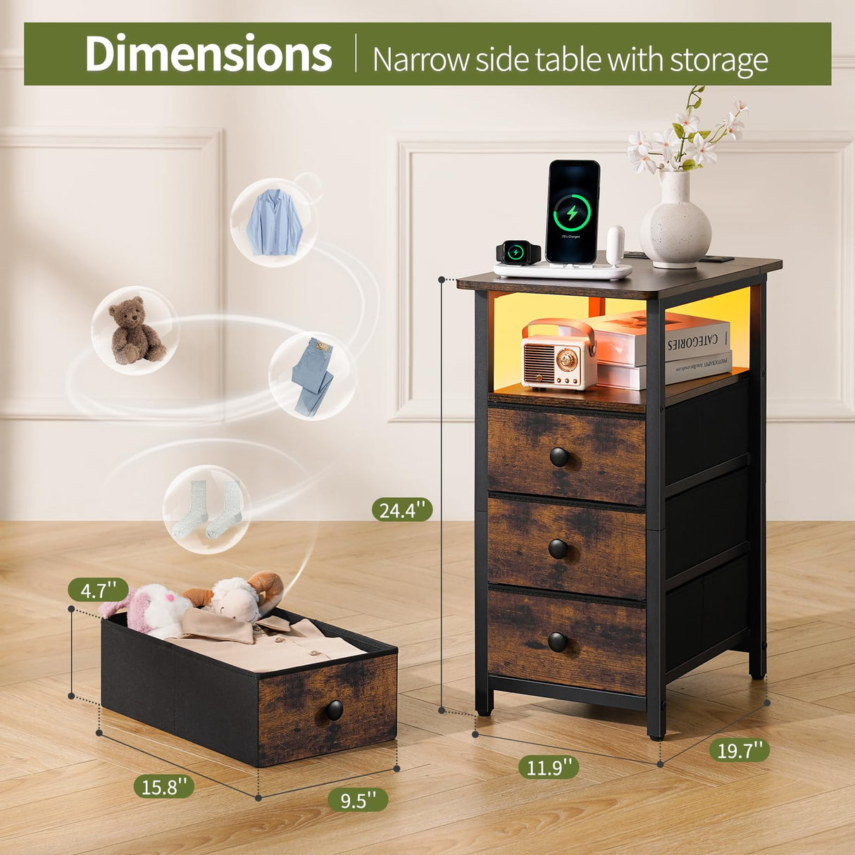 Yoobure End Table with Charging Station, LED Narrow Side Table Bedside Table, Small Night Stand End Tables Living Room, Skinny Nightstand with 3 Fabric Drawers, Side Tables Bedroom for Small Spaces Yoobure
