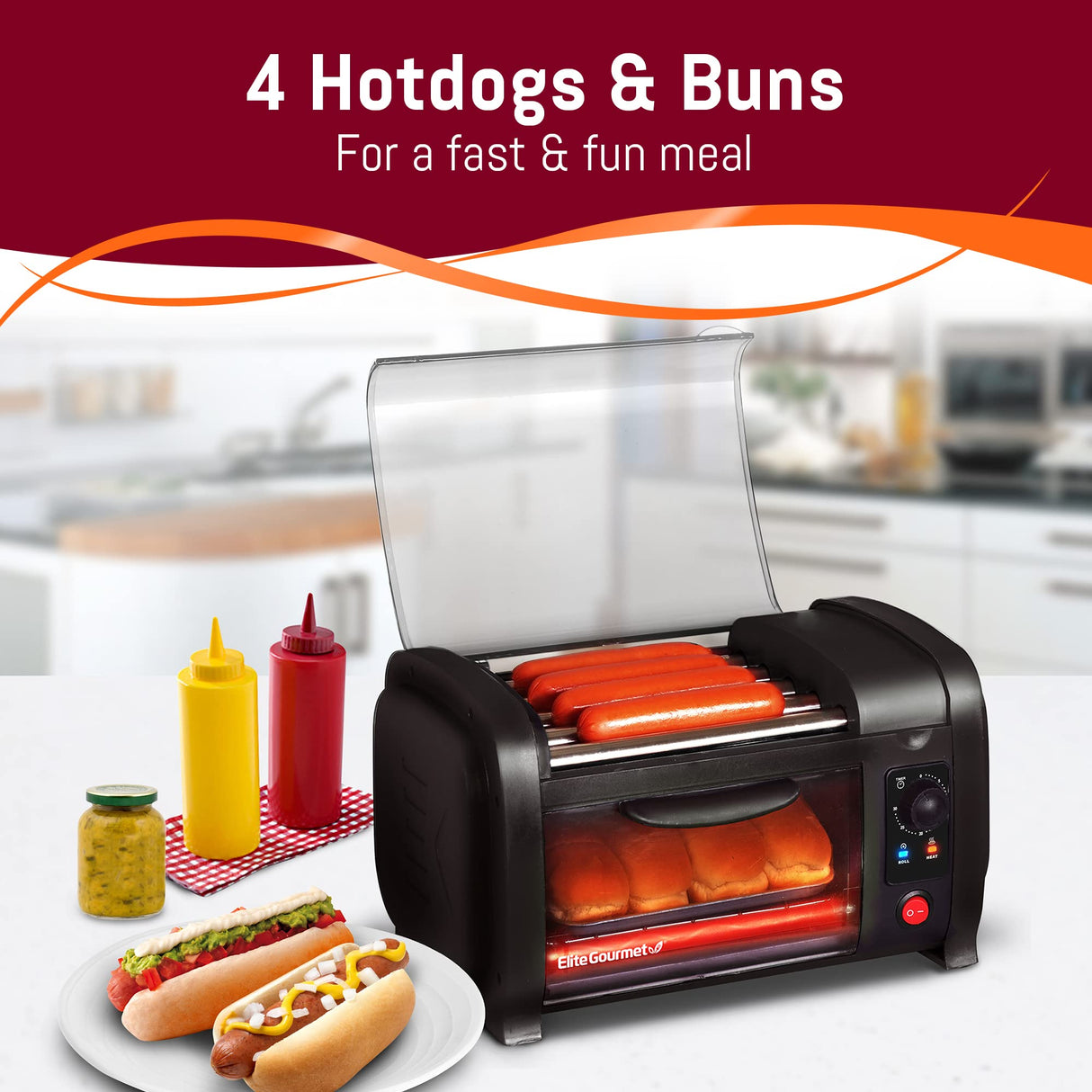 Elite Gourmet EHD-051B Hot Dog Toaster Oven, 30-Min Timer, Stainless Steel Heat Rollers Bake & Crumb Tray, World Series Baseball, 4 Bun Capacity, Black Elite Gourmet