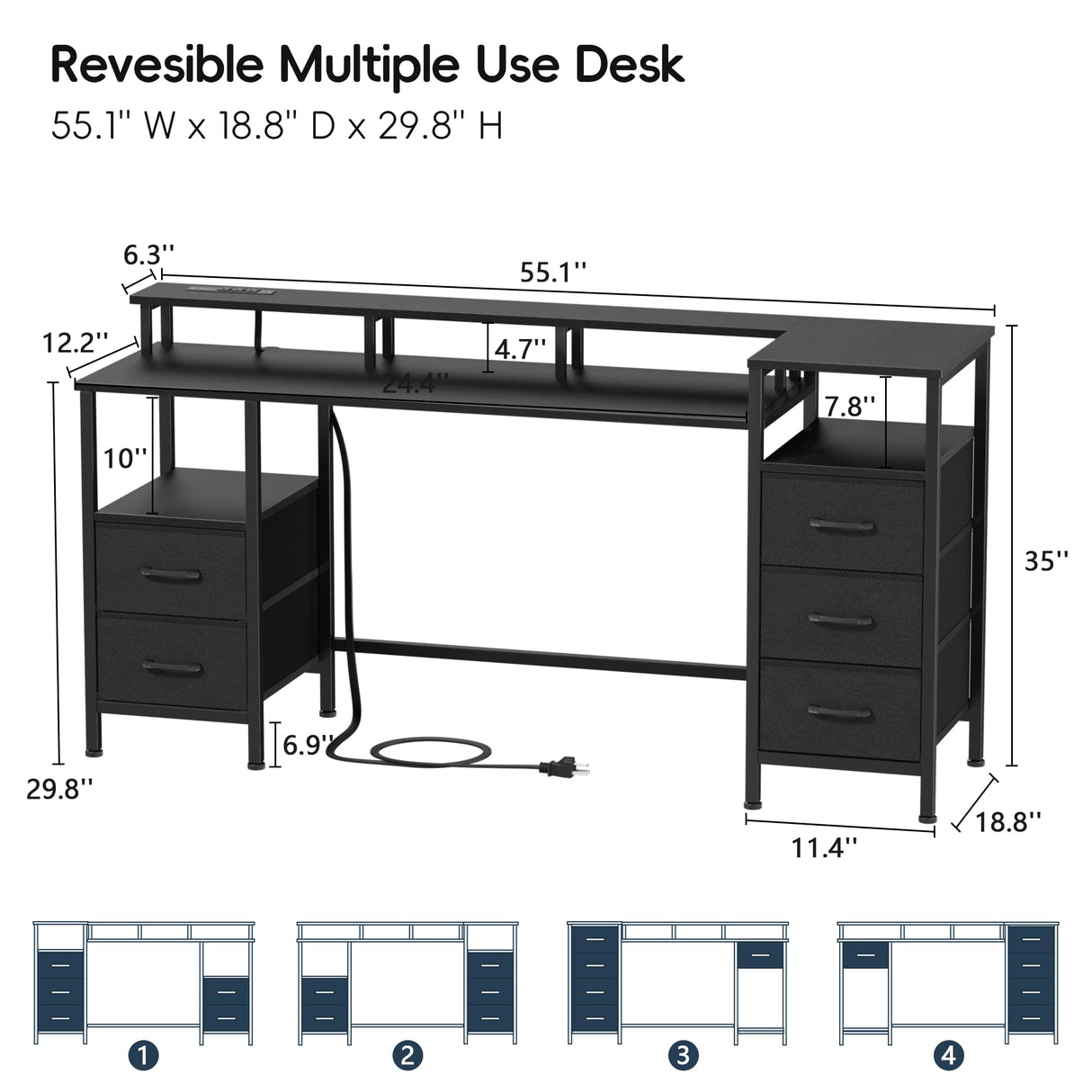 Korfile Computer Desk with Power Outlets & LED Lights, Gaming Desk with 5 Fabric Drawers for Bedroom, 55 Inch Home Office Desk with Monitor Stand & Storage Shelves for Working, Black Korfile