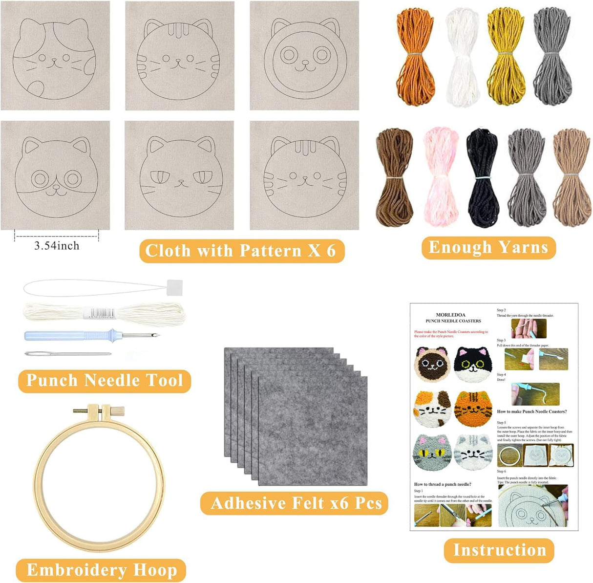Morledoa Punch Needle Coasters Kit, Punch Needle Kits Adults Beginner, Cat Coasters Kit with Adhesive Felt, Yarns, Embroidery Hoop, Instruction Morledoa