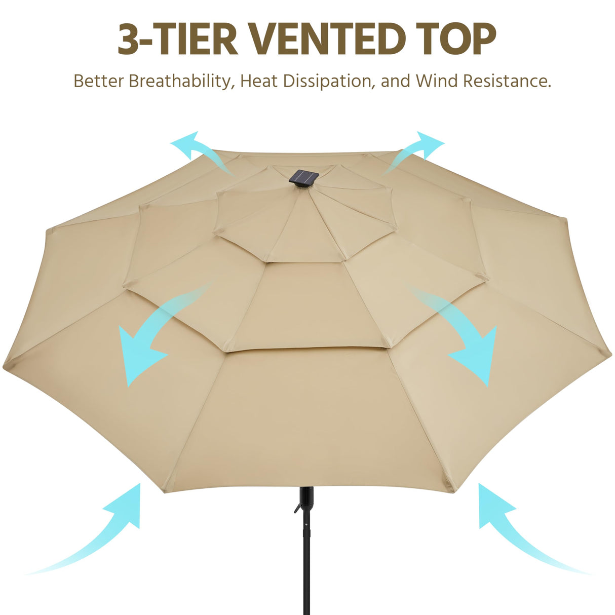 Yaheetech 10ft 3-Tier Vented Solar Patio Umbrella, Table Outdoor Market Umbrella with 24 LED Lights, 8 Sturdy Ribs Beach Umbrella with Tilt and Crank for Garden, Deck, Tan Yaheetech