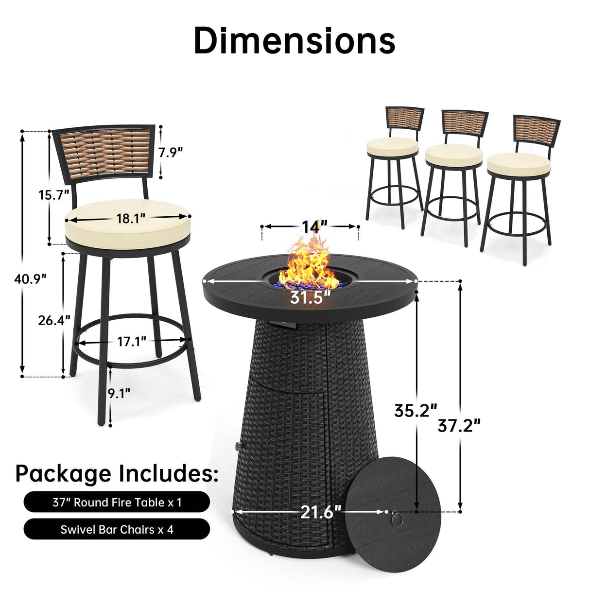 PIZZELLO 5-Piece Patio Swivel Bar Set with 37" Height Propane Round Firepit Table and High Swivel Stools Chair Set of 4, Outdoor High Top Bistro Set for Poolside, Garden, Balcony(Black) PIZZELLO