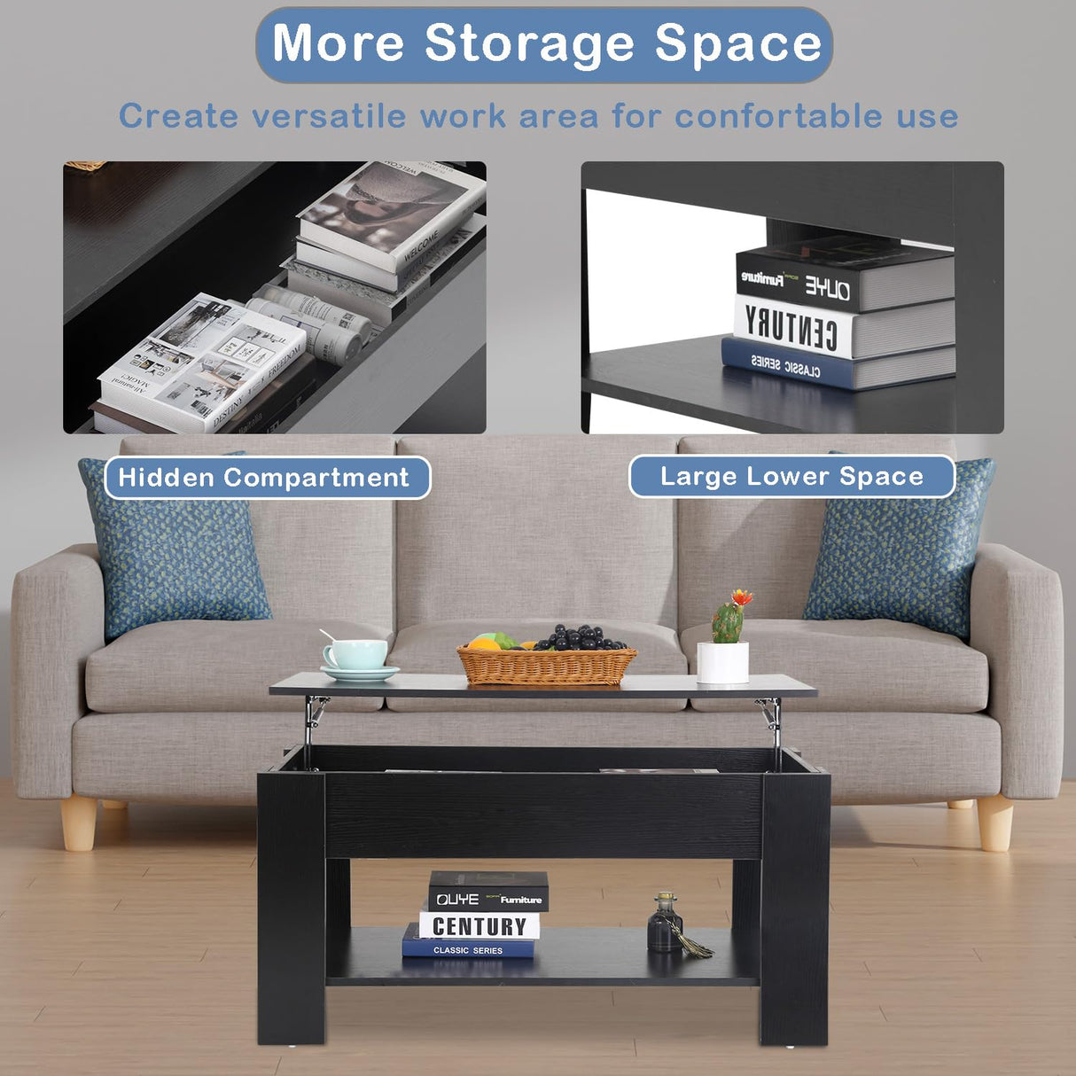 Ruesleag Lift Top Coffee Table w/Hidden Compartment and Storage Shelf,Retro Wooden Lift Tabletop Dining Table Multifunctional Wooden Working Table for Living Room Office Reception Room,39.4in L,Black Ruesleag