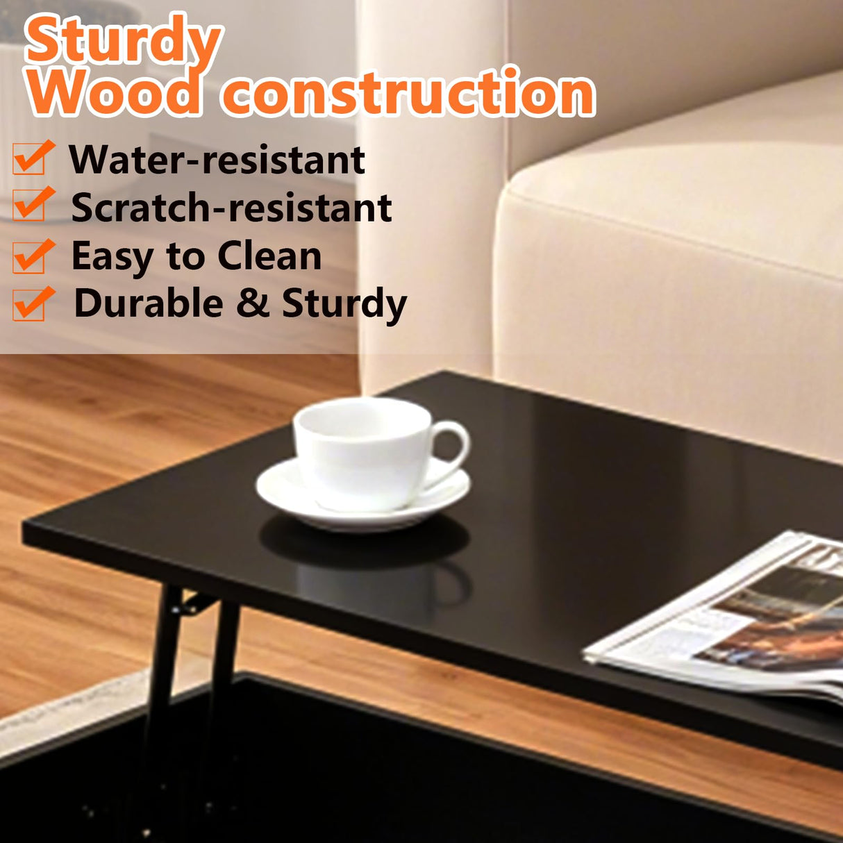 39.37" Lift Top Coffee Table with Hidden Storage & 2 Drawers, Modern High Gloss Center Table for Living Room, Heavy Duty Wood Coffee Table with LED Lights, Apartment Small Space Furniture (Black) Anwick