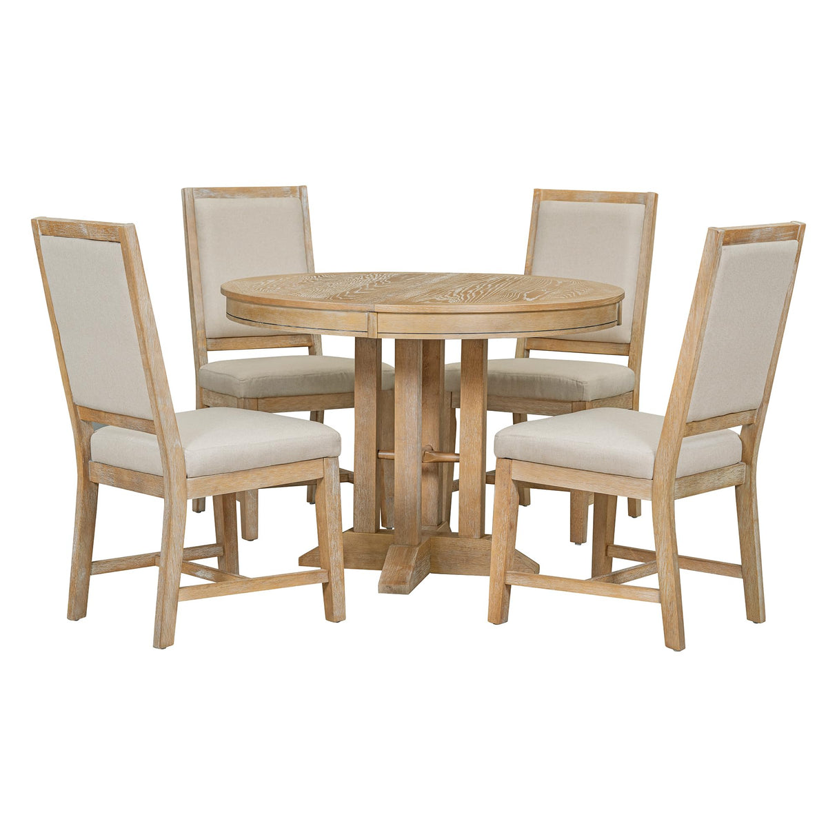 Bellemave 5-Piece Round Dining Table Set for 4 Round Extendable Kitchen Table Set with 4 Upholstered Chairs Farmhouse Round to Oval Dining Room Set for Kitchen, Dining Room (Natural Wood Wash) Bellemave
