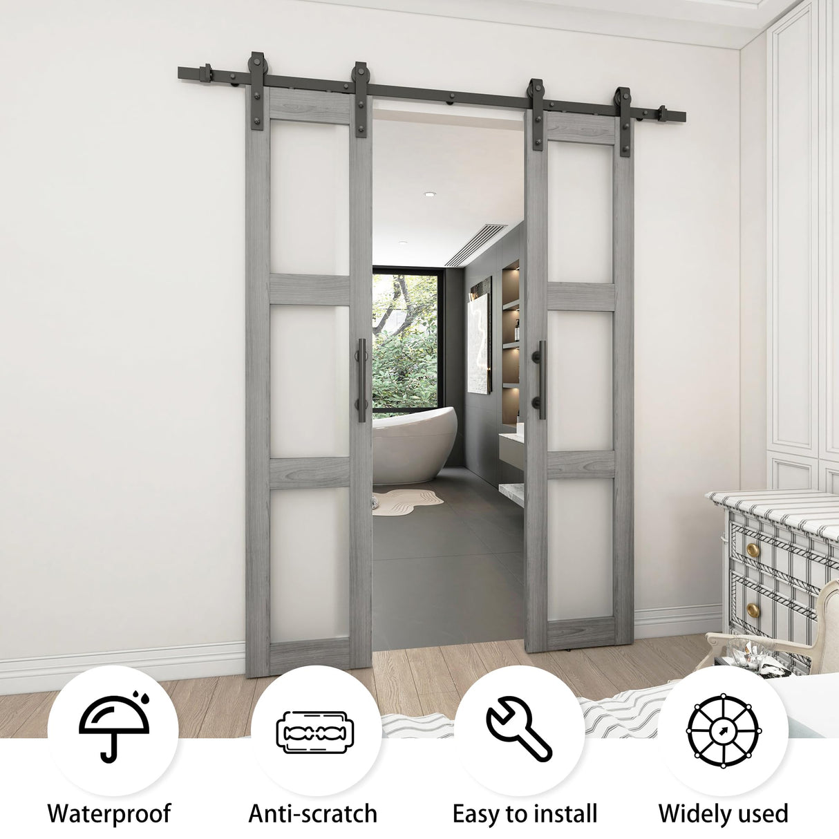 BARNSMITH 18in x 84in Double Glass Barn Door with 6.6FT Sliding Door Hardware Kit Included & Handle,3-Panel Frosted Glass Solid Wood Slab with Water-Proof PVC Surface,Pre-Drilled Easy Assembly,Grey BARNSMITH
