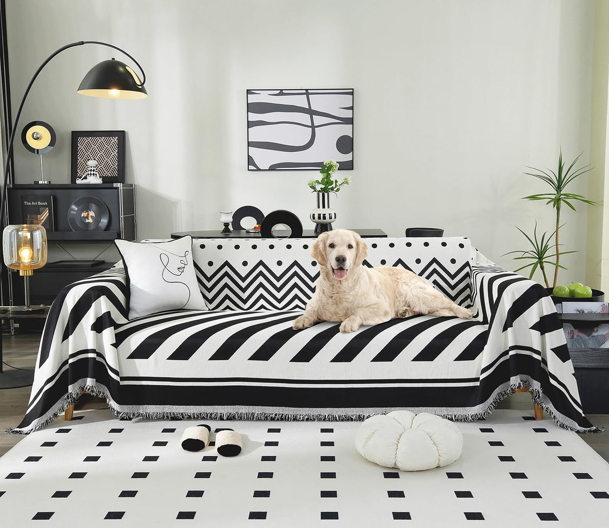 Tritard Boho Couch Cover Reversible Striped Sectional Couch Covers Black White Sofa Loveseat Covers Chenille Cushion Covers with Tassel Washable Couch Protector for Dogs Pet Futon Cover (71"-134") Tritard