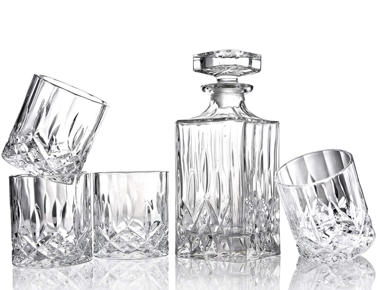 ELIDOMC 5PC Italian Crafted Crystal Whiskey Decanter & Whiskey Glasses Set, Crystal Decanter Set With 4 Whiskey Glasses, Whiskey Decanter Sets for Men. E