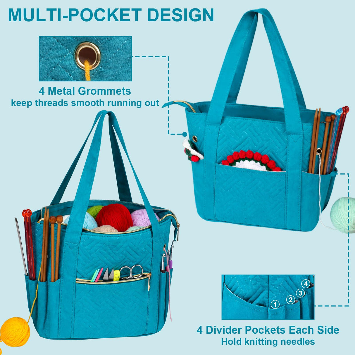 Veirdro Crochet Bag Organizer for Yarn Storage, Velvet Knitting Tote Bag with Double Handle for Crochet Accessories, Portable Travel Case for Yarn Balls, Crochet Hooks& Knitting Needles Holder (Teal) Veirdro