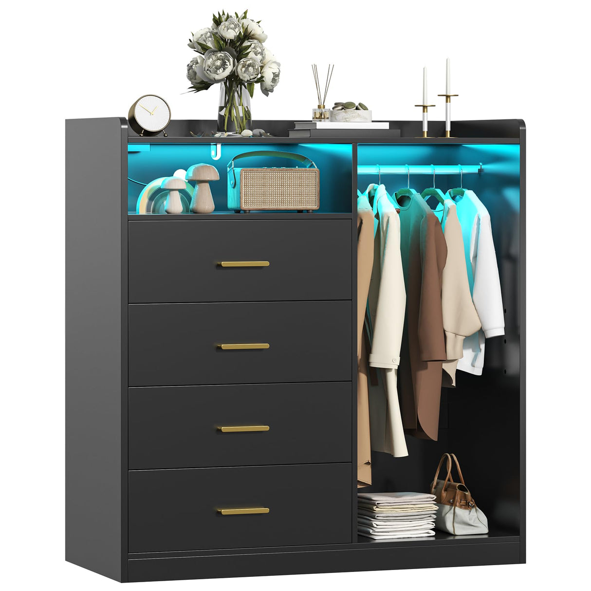 Bigbiglife Dresser with Clothes Rack for Bedroom Wood, 4 Drawer Dresser White with LED Lights and Power Outlet, 15.7" D x 43.3" W x 45.7" H, Tall Storage Chest of Drawers with Flexible Shelf,Black Bigbiglife