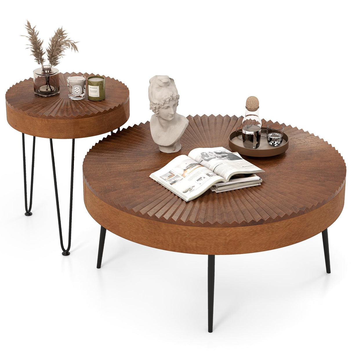 COSTWAY Farmhouse Round Coffee Table Set of 2, Rustic Sofa Side Tea Tables w/Wood Finish, Metal Frame, Adjustable Foot Pads, Nesting End Table Set for Living Room, Bedroom (Radial Pattern, Brown) COSTWAY
