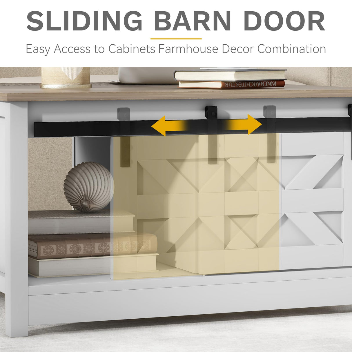 DWVO Farmhouse Storage Coffee Table: Wooden Square Center Table with Sliding Barn Door, Half Open Storage for Living Room, Grey/White DWVO