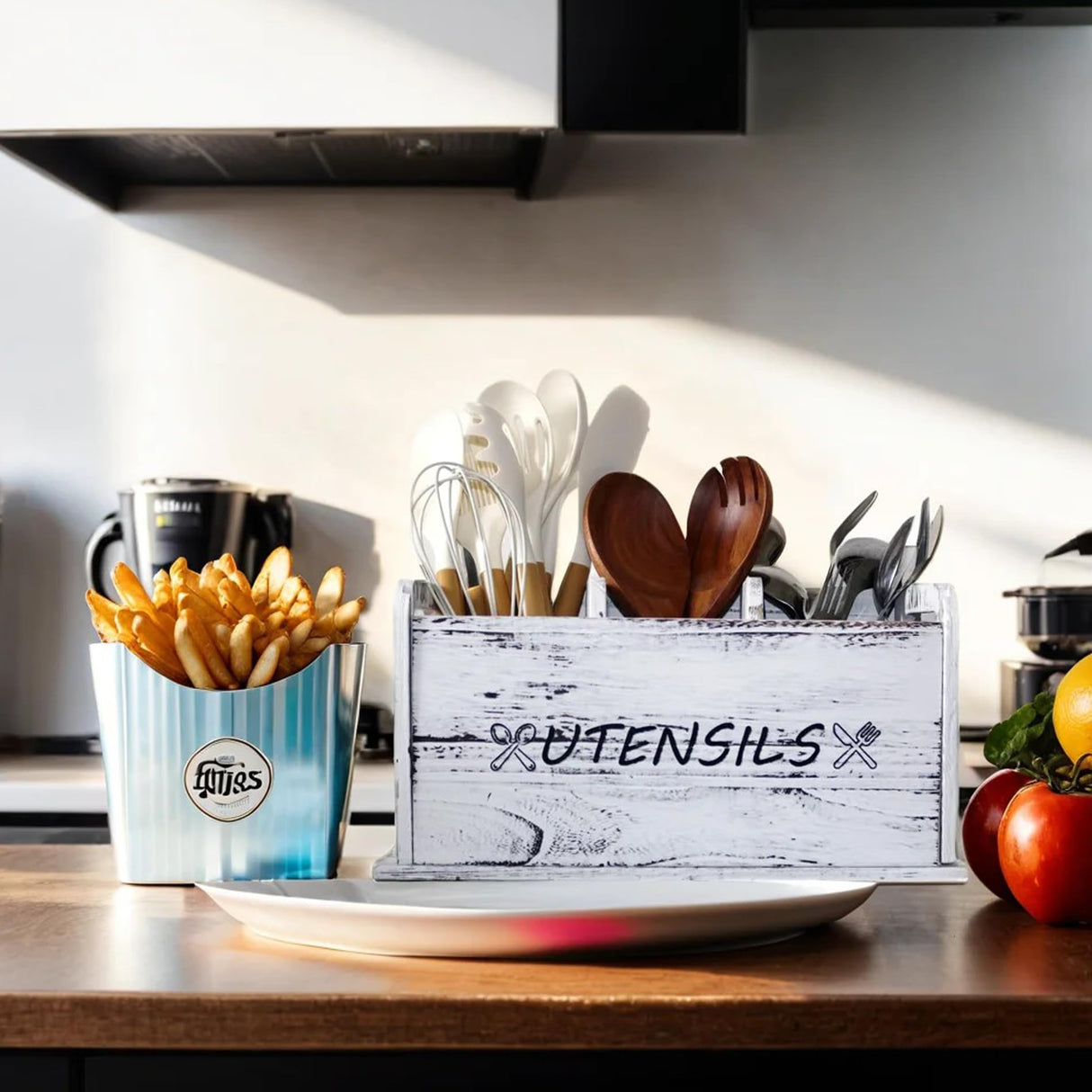 ST-BEST-P Utensil Holder Rustic Wood White Large Farmhouse Spatula Organizer for Kitchen counter Farmhouse,Countertop,Cooking Tools Storage (White) ST-BEST-P