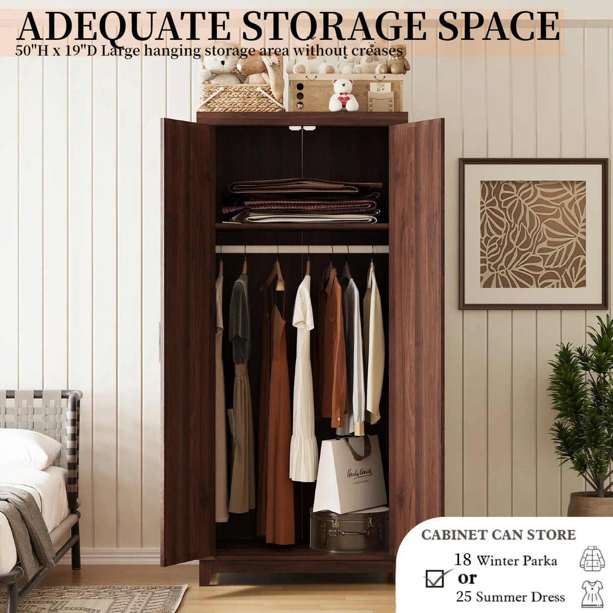 HYDUZ 2 Piece 70" Large Bedroom Armoire Wardrobe Closet for Hanging Clothes, Farmhouse Wooden Wardrobe Closet with Barn Door, Freestanding Clothing Storage Cabinet with Hanging Rod & Shelf, Espresso HYDUZ